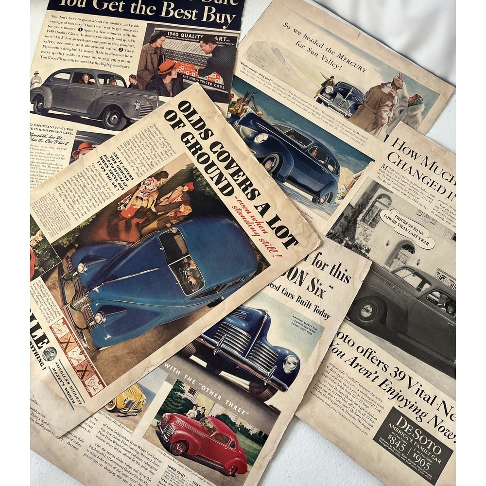 Vintage 1940s Automobile Print Ads Lot 6 Pcs Oldsmobile Hudson De Soto 10x14